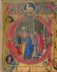 Corale B 26 c.113r Historiated inicial &39;C&39; representando a apresentação no templo, com um retrato de Lorenzo o magnífico (1449-92) por uma coluna do lado direito (ver 179197 para